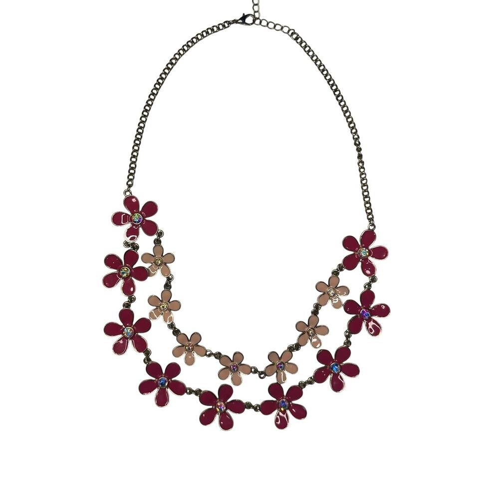 Floral Bib Style Necklace, Pink Flowers and Rhinestones, Adjustable, 2 Tone
